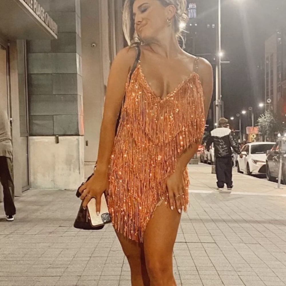 Bronx & Banco Barbie Mini Dress in Orange Coral Sequin and Fringe Detail Size XS